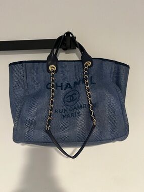 CHANEL Navy Canvas Logo Tote with Chain-Trim Handles